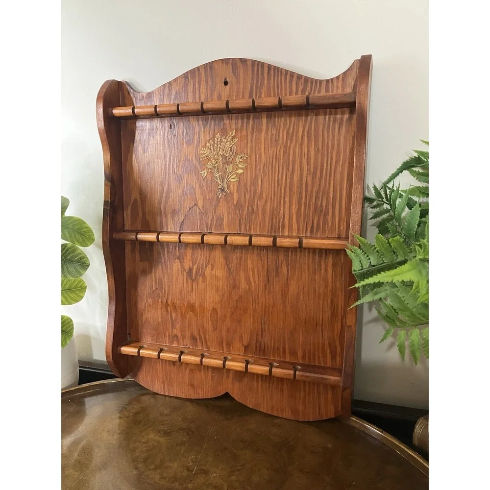 Vintage Wooden Spoon Rack 24 Slot Wall Mount Utensil Holder Wheat Cottage Decor